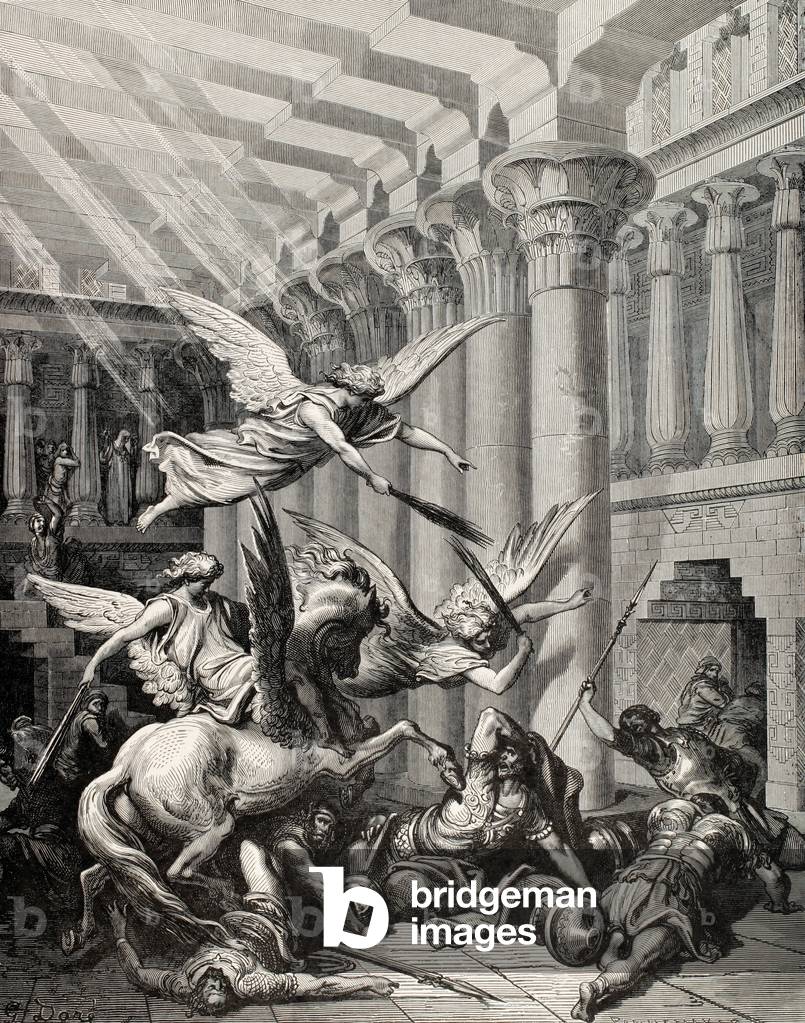 Heliodorus expulsed of the Temple of Jerusalem by heavenly messengers. Engraving.