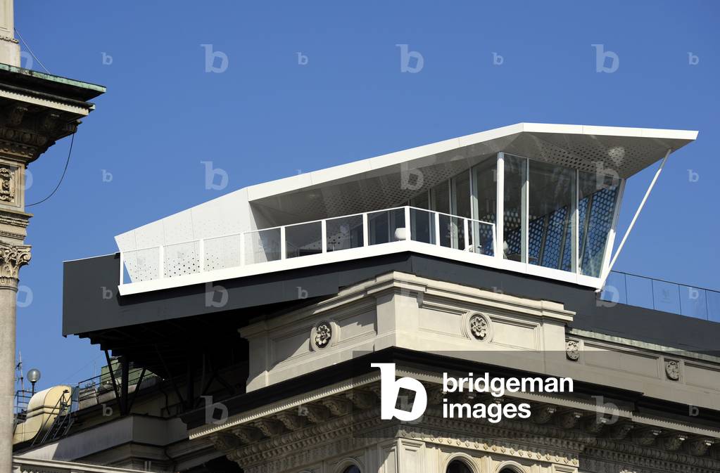 Italy. Milan. Bar terrace atop building near Vittorio Emanuele II Gallery.