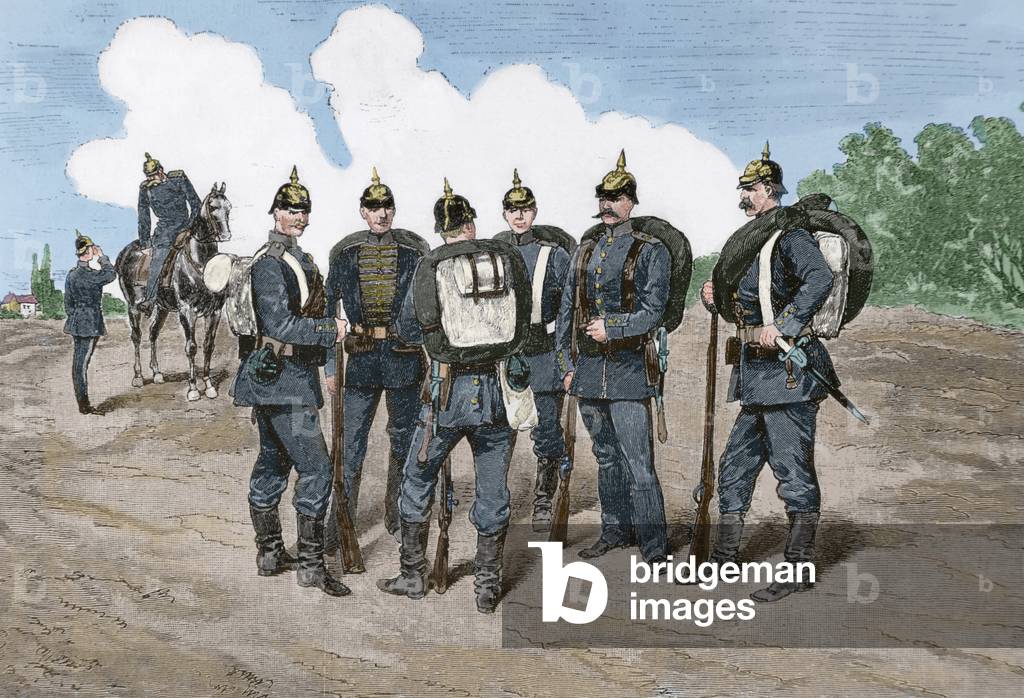 World War I (1914-1918), New German infantry uniform (colour engraving)
