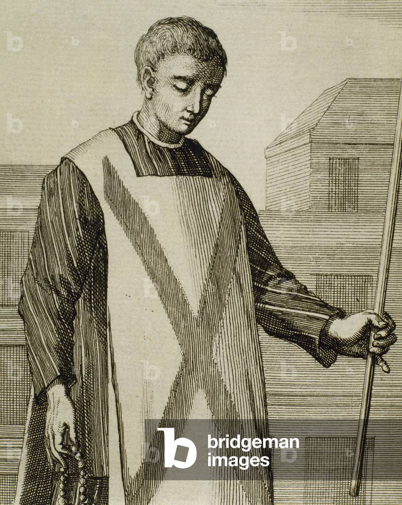 Convicted heretic before the Inquisition wearing a sambenito (engraving) 1692