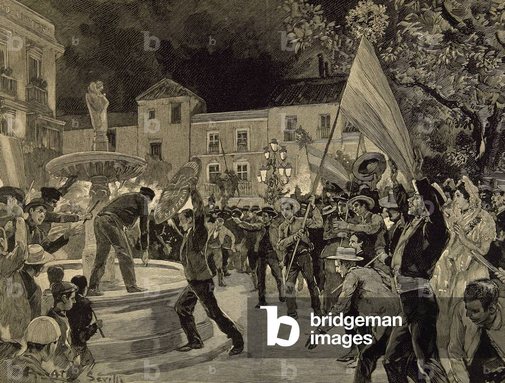 Spanish-American War, 1898, Protests in Seville, Spain, in front of the consulate of the United States of America (engraving)
