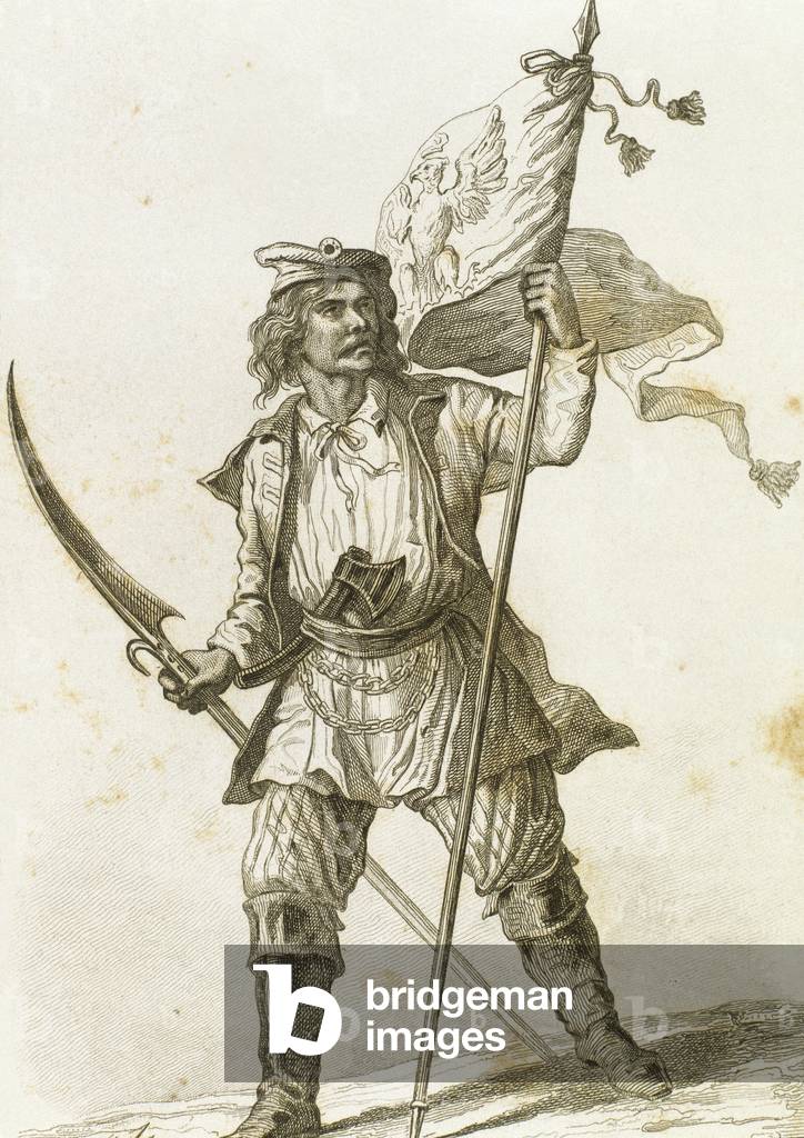 Poland, Polish scythemen with his war scythe (engraving)