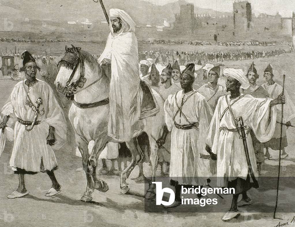 Hassan I (1836-1894), Sultan of Morocco (1873-1894), with his entourage (engraving)