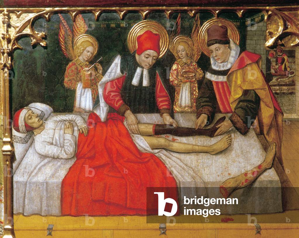 SS. Cosmas and Damian graft the leg of an Ethiopian man onto the stump of deacon Justinian, 1460-61 (tempera o