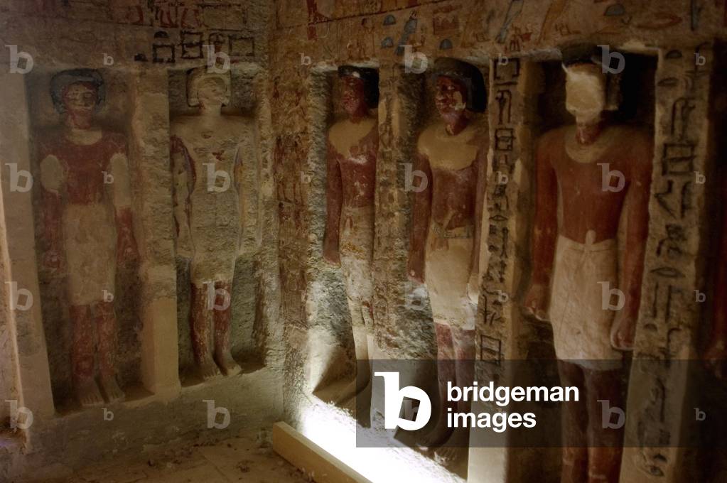 Egyptian Art. Necropolis of Saqqara. Mastaba. Room decorated with sculptures and hieroglyphs polychromed.