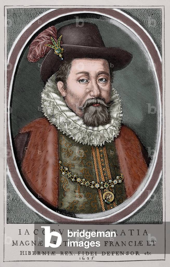 "Ritratto di Giacomo VI di Scozia e I d'Inghilterra (1566-1625) - Incisione a colori - Giacomo VI e I"