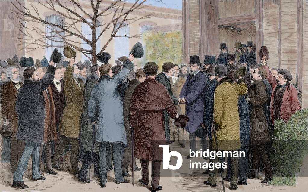 Berlin, Ovation of German and foreign doctors to dr. Koch (1843-1910), leaving the hospital. Engraving, 1890 (colour engraving)