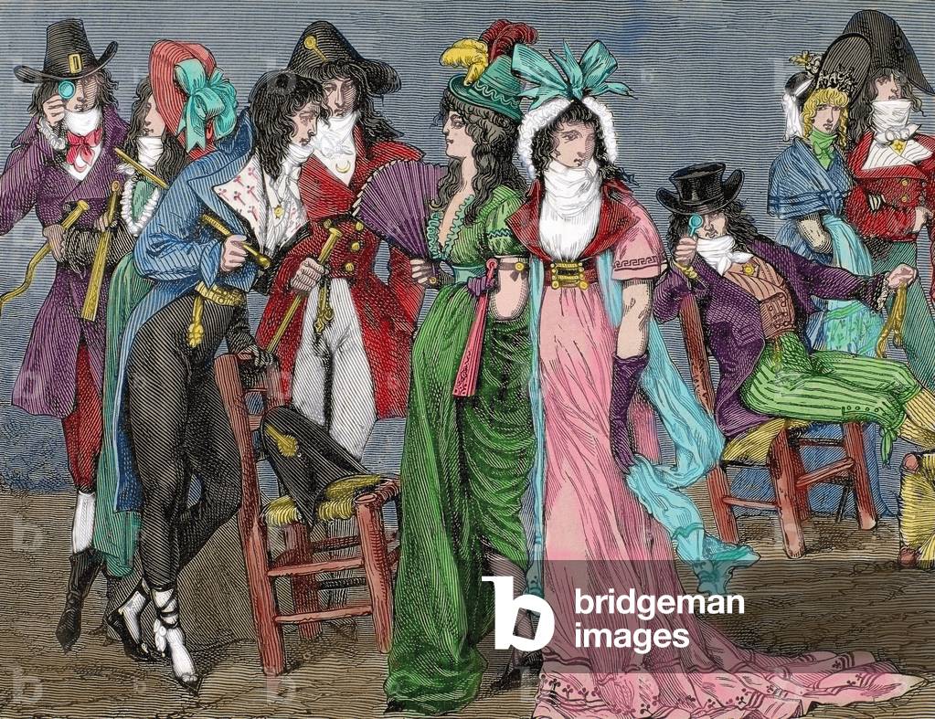 French history. First Empire (1804-1820). Dressed as bourgeois fashion empire style, 19th century (coloured engraving)
