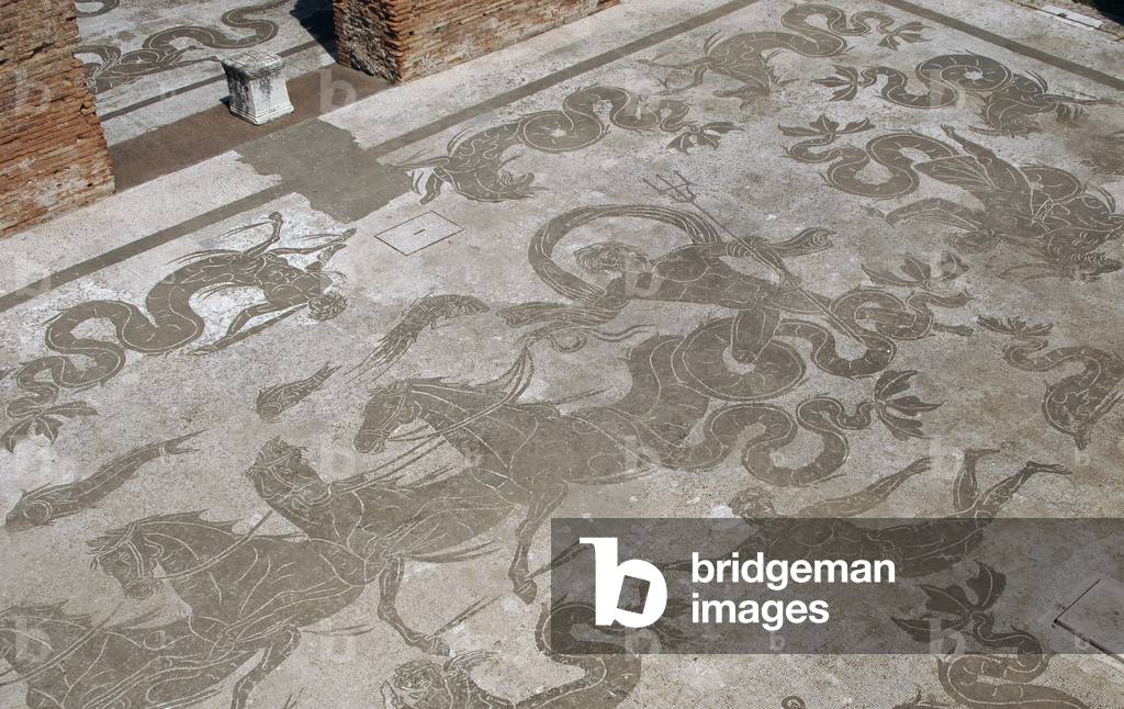 Baths of Neptune. 1st - 2nd centuries AD. Detail of mosaic of Neptune's Triumph depicting Neptune on the chariot drawn by seahorses. Ostia Antica. Italy.