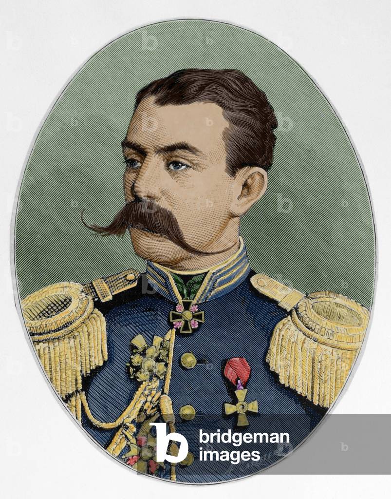 Russian general Astrukoff. Colored engraving, 1877.