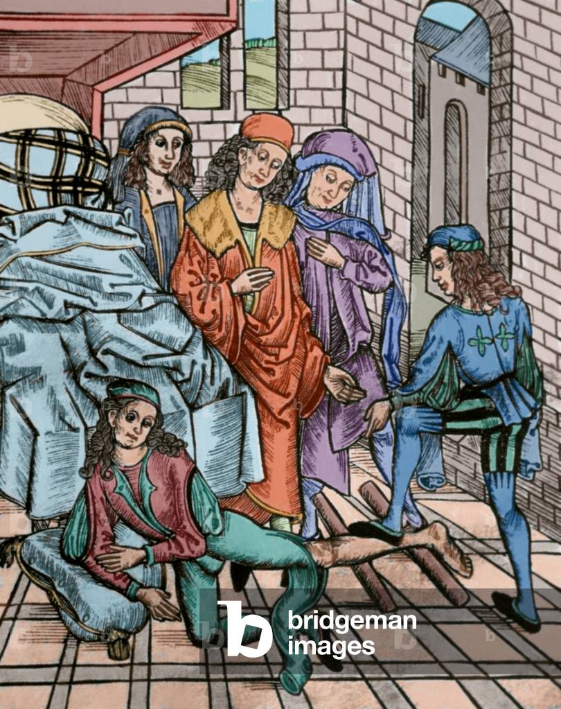 Treatment of a fractured leg bone (coloured woodcut)