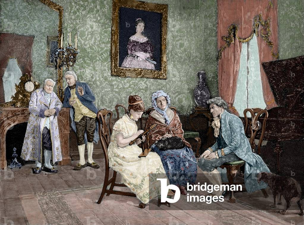 Visit from boyfriend. Engraving after a painting by Luis Jimenez Aranda (1845-1928). COLOURed. Spain