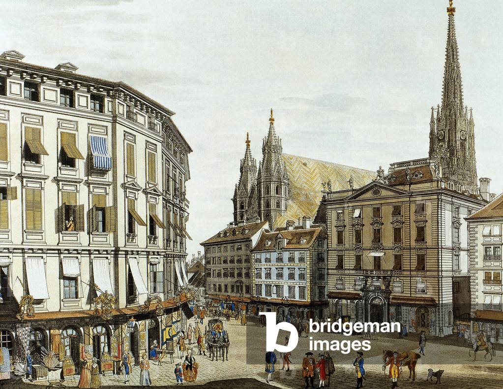 Austria. Vienna. Stock Am Eisen square next to St. Stephen cathedral (1779) (colour engraving)