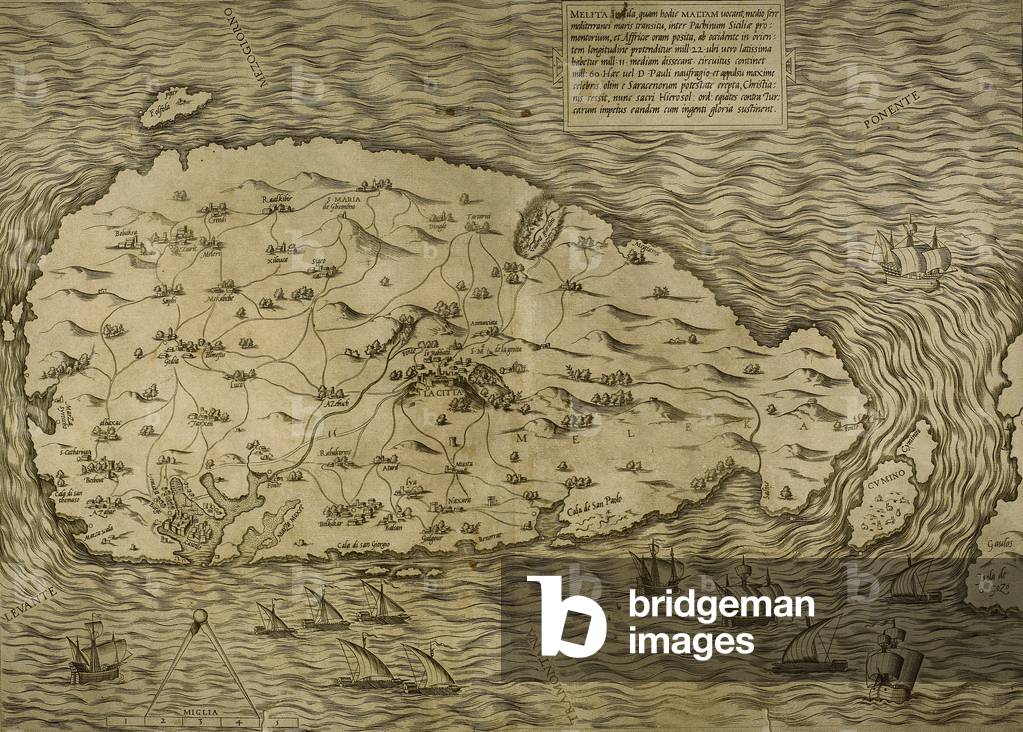 Map of Malta, Island, Mediterranean Sea, Italian engraving, 16th century