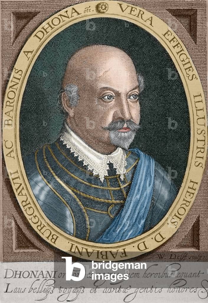 Fabian Dohna (1550-1621), German officer and Burgrave of Dohna, Portrait (colour engraving)
