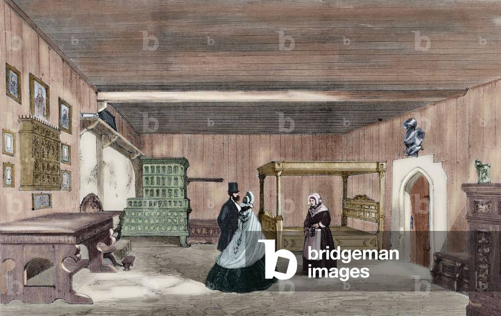 Martin Luther's Room in Wartburg Castle. Engraving. coloured.