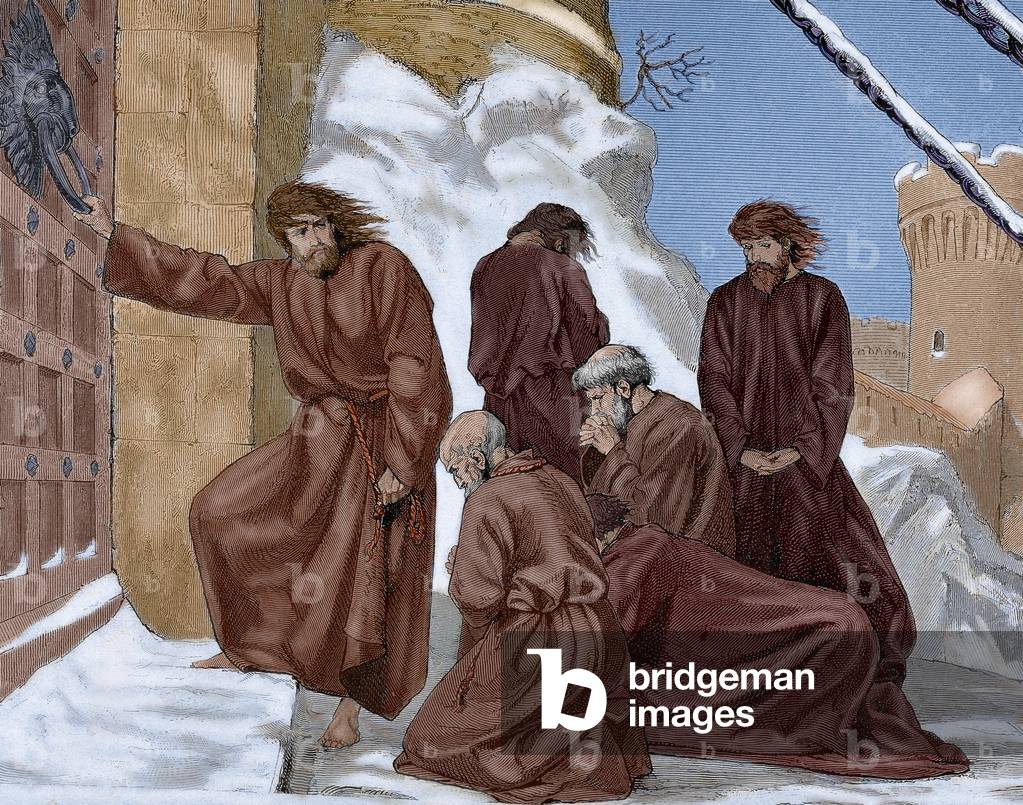 The Holy Roman Emperor Henry IV at the entrance of the castle of Canossa to obtain the revocation of his excommunication (lithograph)