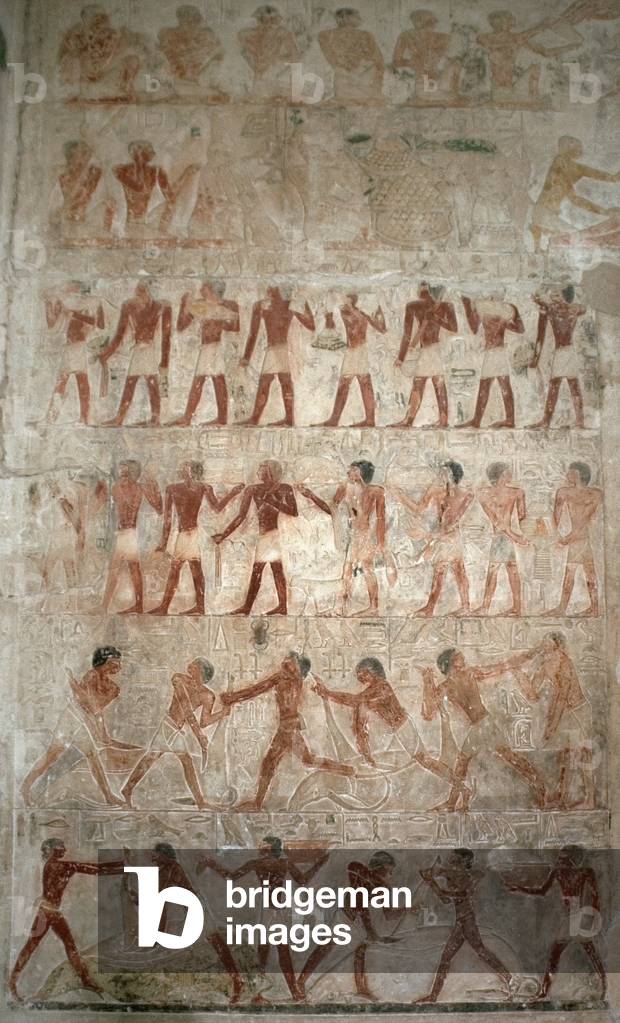 Relief, Bearers offering and butchering oxen, Mastaba of Ptahhotep and Akhethotep, Egypt