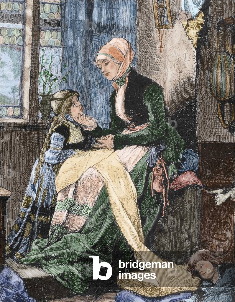 Mother talking with her elder daughter while the younger is sleeping, 19th century (colour engraving)