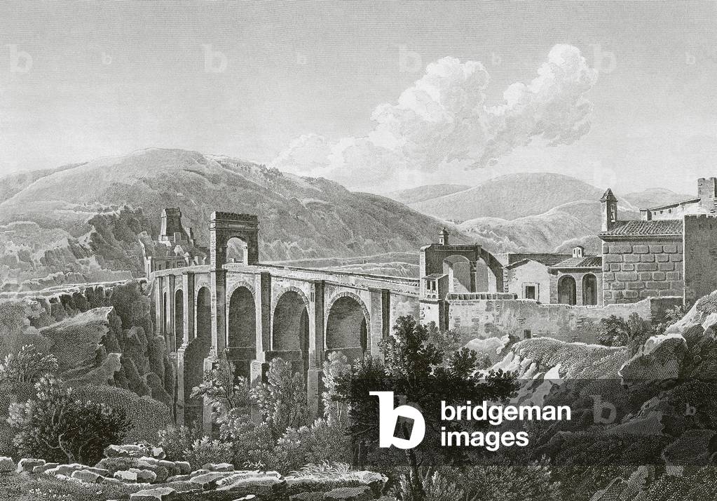 Spain, Extremadura, The Alcantara Bridge (engraving)