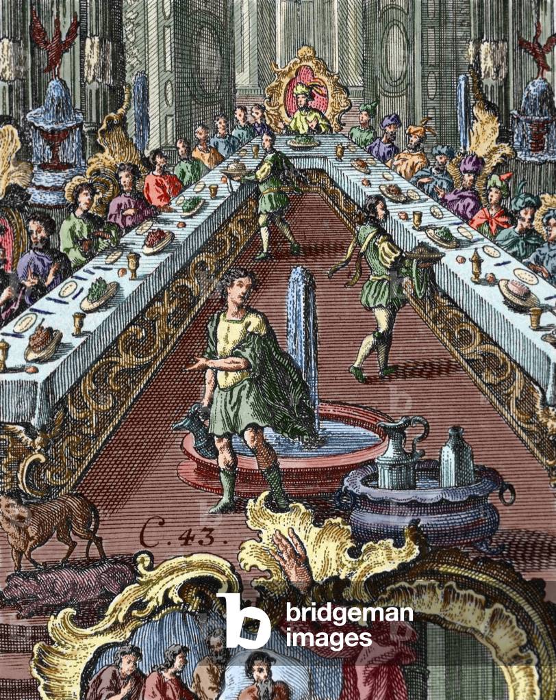 Joseph's banquet in honor of his brothers (coloured engraving