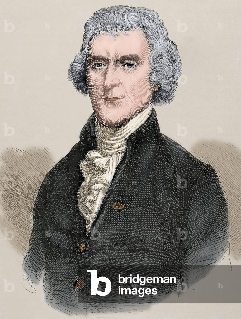 Portrait of Thomas Jefferson (1743-1826), American President and one of the founding fathers of the United States - Colorised engraving, from Universal History, 1892 - Thomas jefferson - Engraving in The Universal History, 1892, Colored