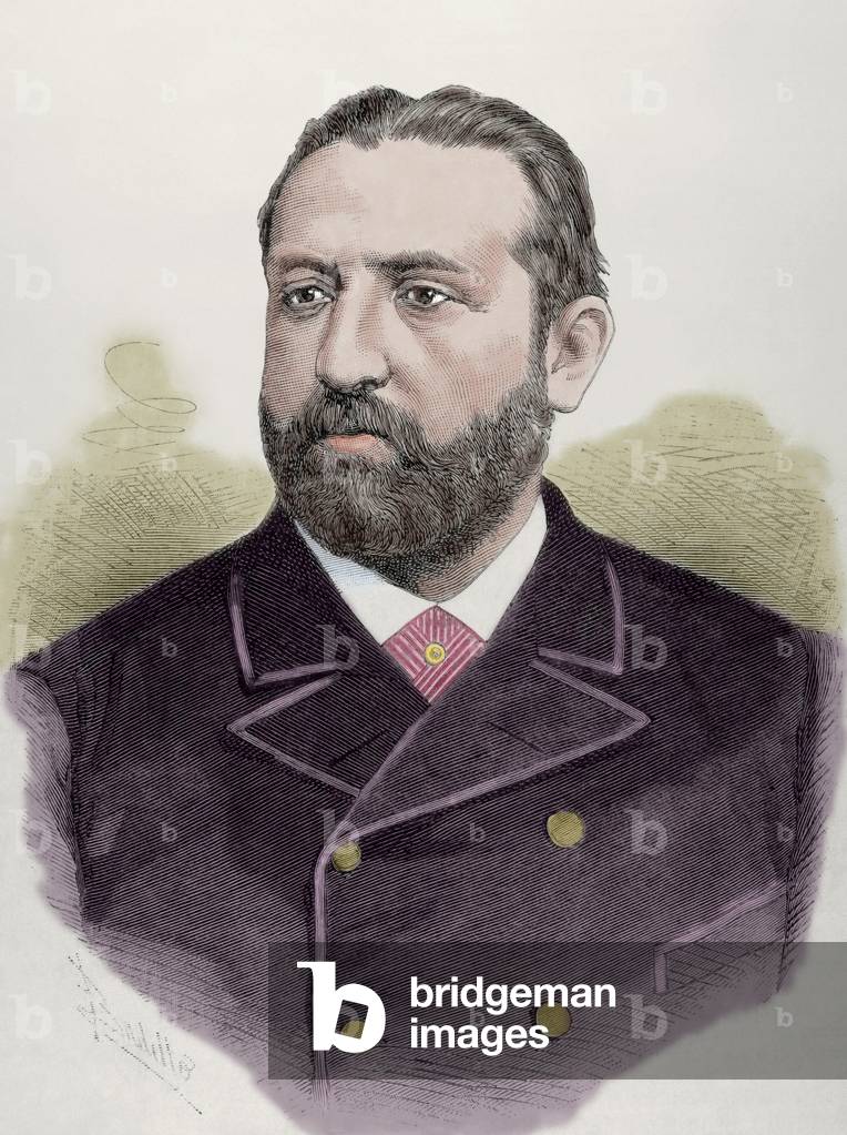 Joaquin Lopez Puigcerver (1841-1906). Spanish politician. Engraving by Badillo. 1886. coloured.