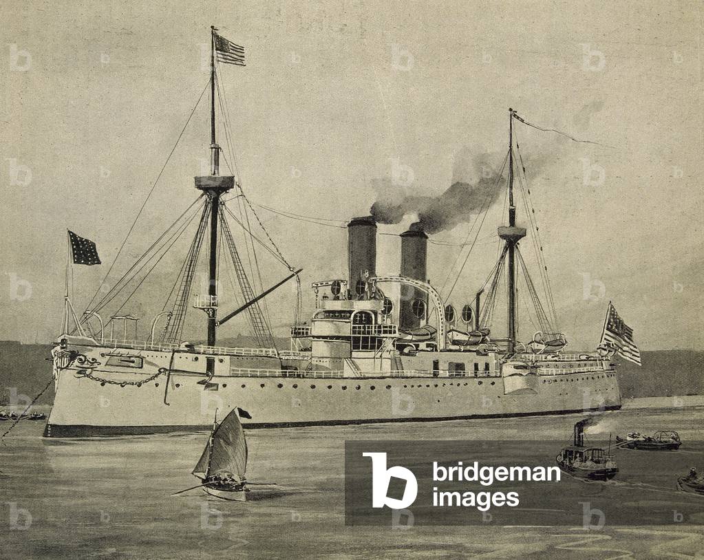 Spanish-American War, The American naval ship USS Maine in the Havana Harbor (engraving)