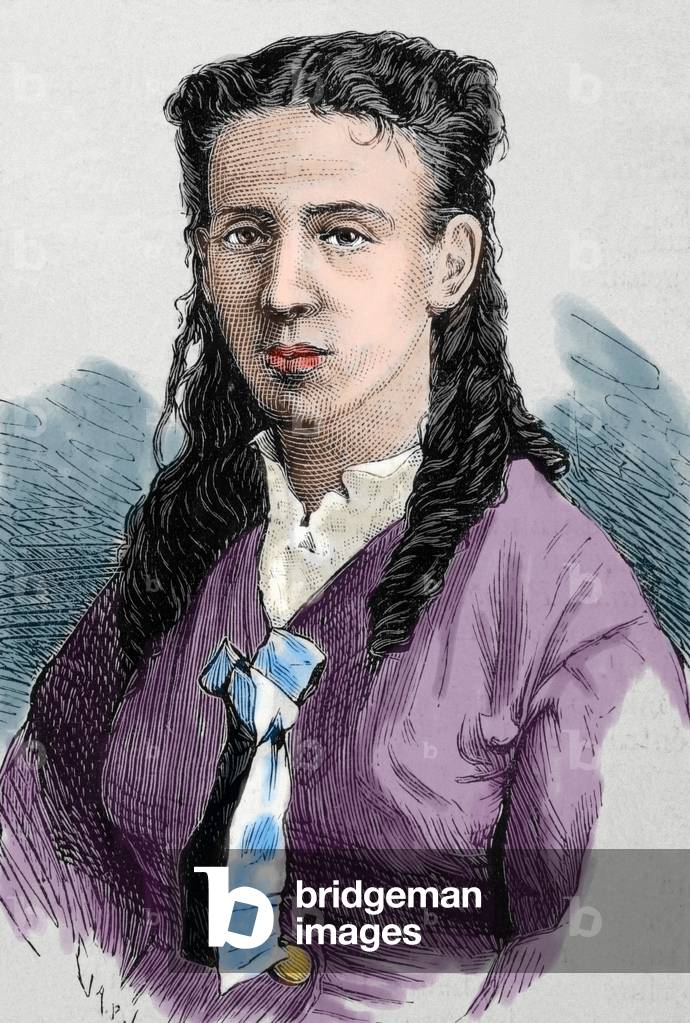 Alicia Le Plongeon. Wife of amateur archaeologist Augustus Le Plongeon (1825-1908). Engraving. Colored.