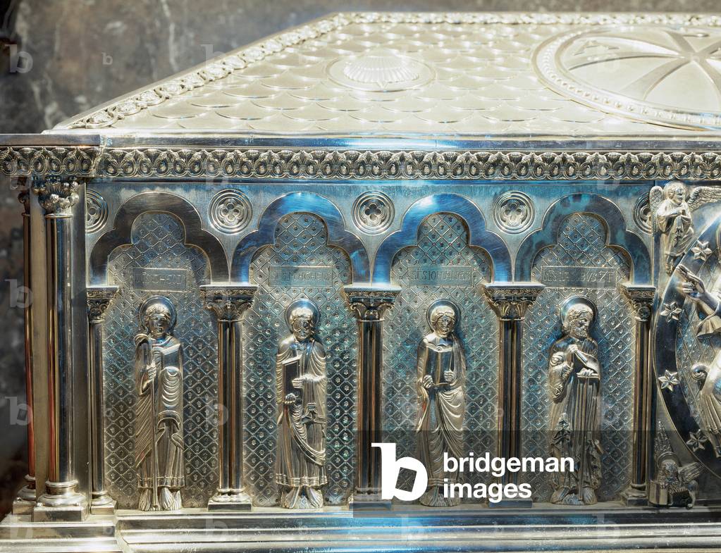 Spain. Galicia. Santiago de Compostela. Cathedral. The silver coffer holding the remains of St. James. Crypt. Built in 19th century. Detail evangelists.