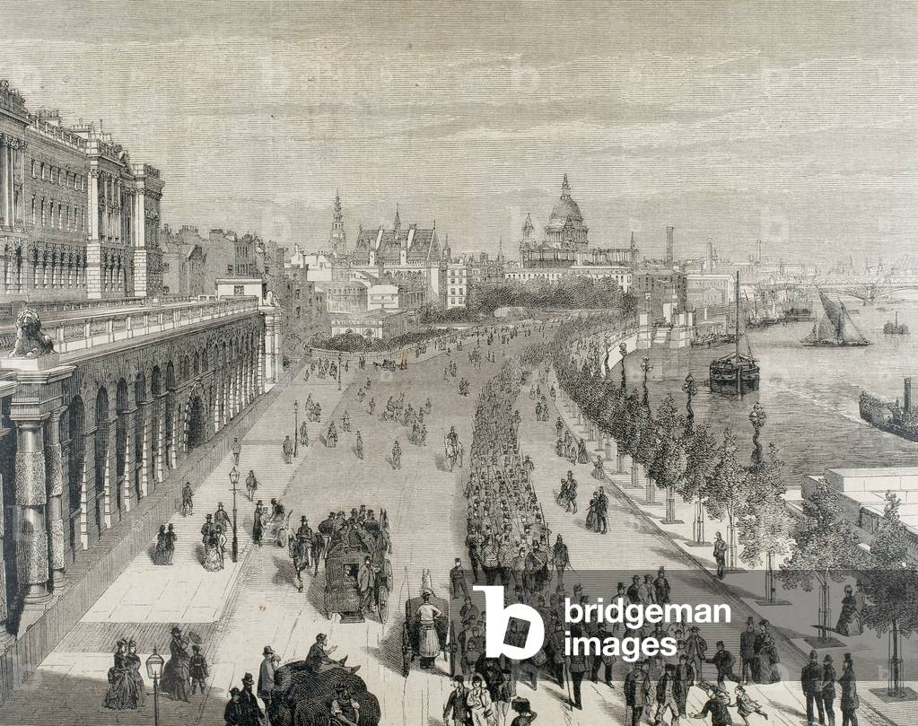 Great Britain. England. London. Docks boulevards on the Thames River (engraving)