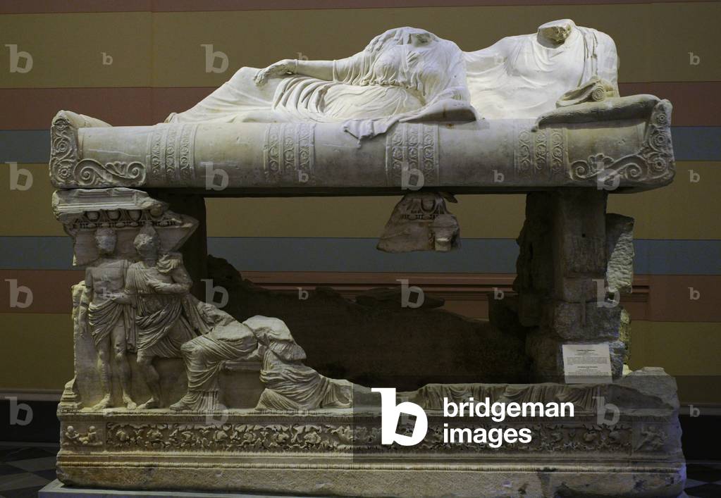 Sarcophagus from Myrmekion. Marble. Attica. 2nd c. AD. On the lid, couple lying on the bed; front side, Achilles among the daughters of King Lycomedes.