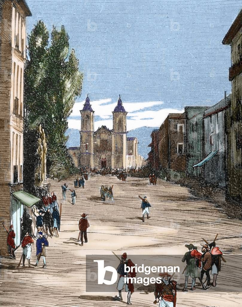 History of Spain. 19th century. Cantonal Revolution. Murcia.The insurgents in the district of Carmen.  Engraving by Rico in 