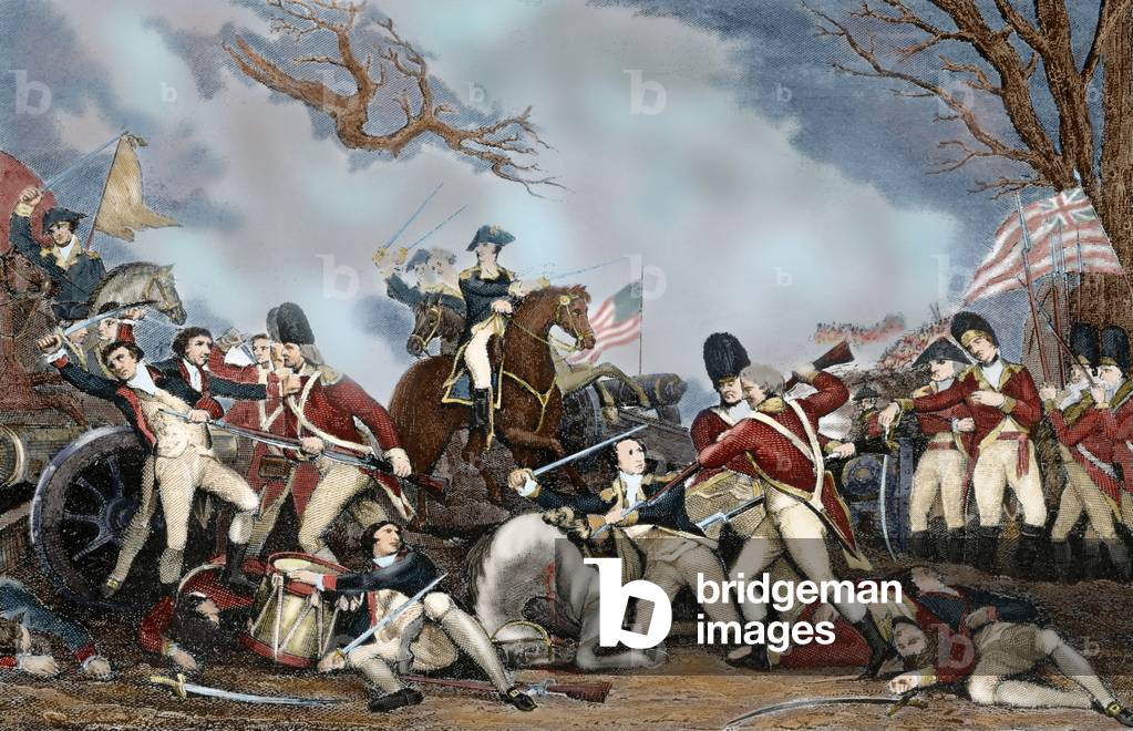 American Revolutionary War (1775-1783), The Battle of Princeton (January 3, 1777), Engraving, Coloured