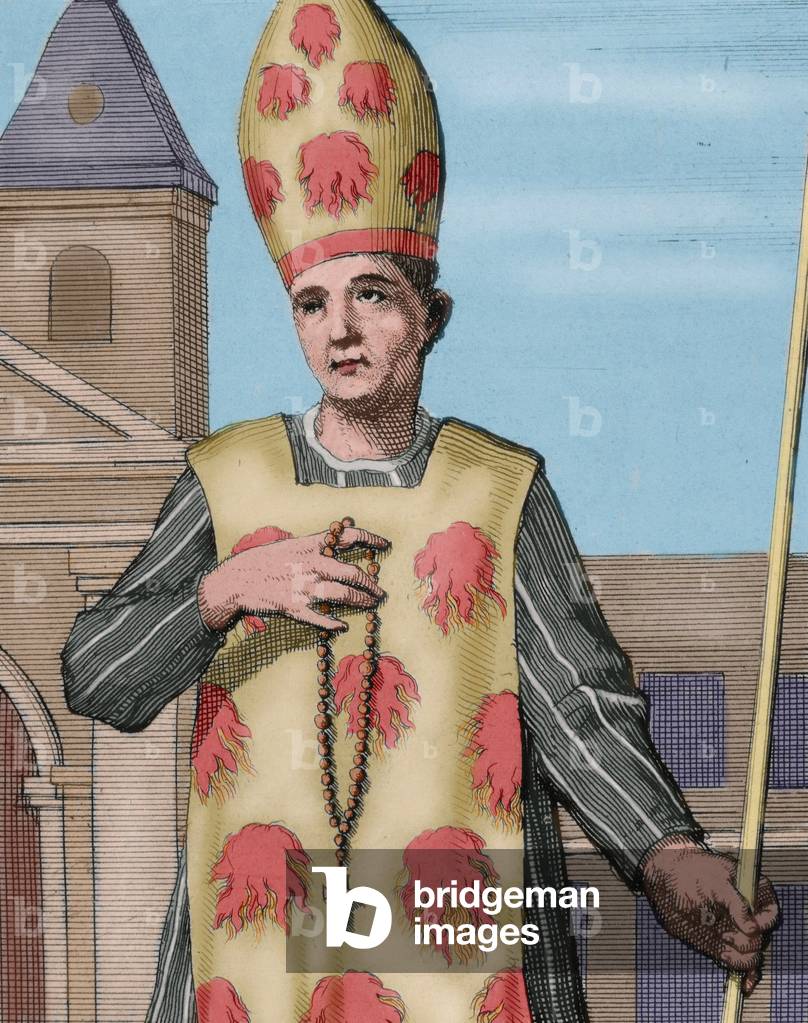 Convicted before the Inquisition wearing a Fuego Revolto, 1692 (coloured engraving)