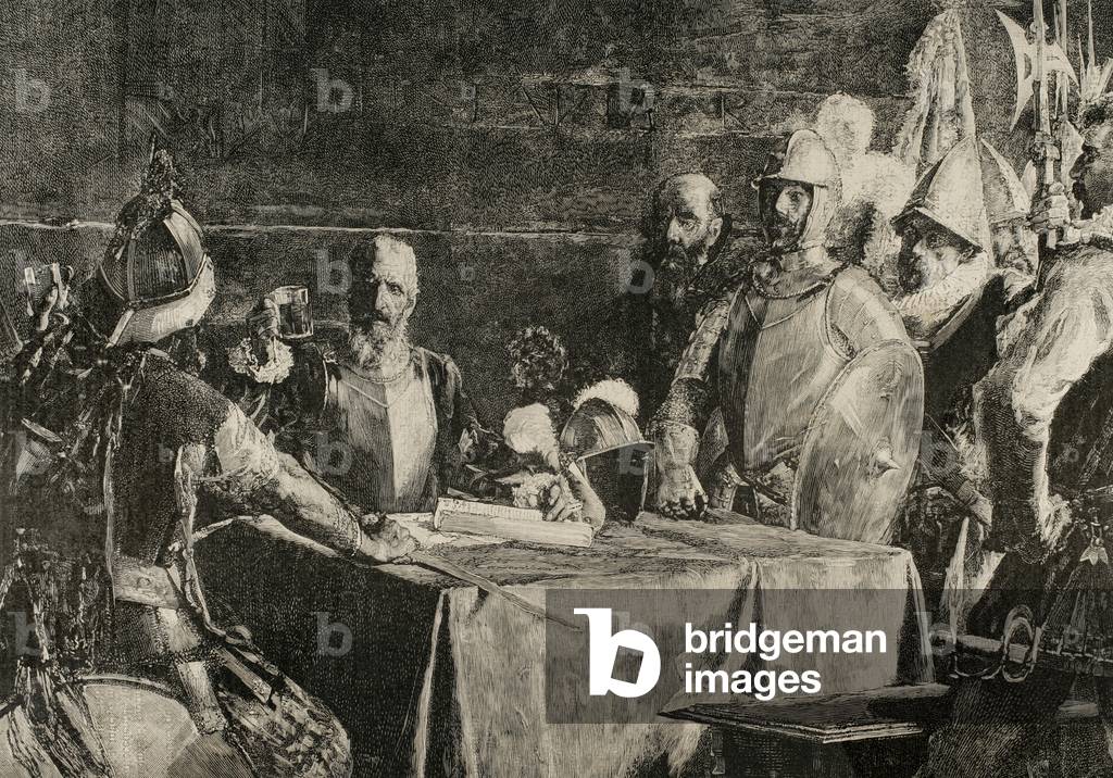 The Blood Compact's ceremony between Miguel Lopez de Legazpi (1503-1572) and Sikatuna, king of Philippines. Engraving. Spain