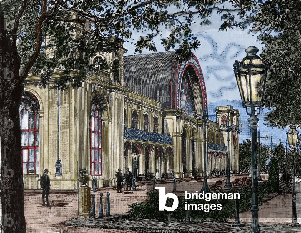 The Crystal Palace of Porto (Portugal) - Coloured engraving by Llonch, from Illustration, 1887 - (Crystal Palace, Porto, Portugal - Engraving by Llonch, “La Ilustracion”, 1887, Colored)