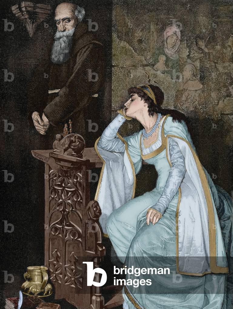Juliet with Friar Laurence, 1884 (coloured engraving)