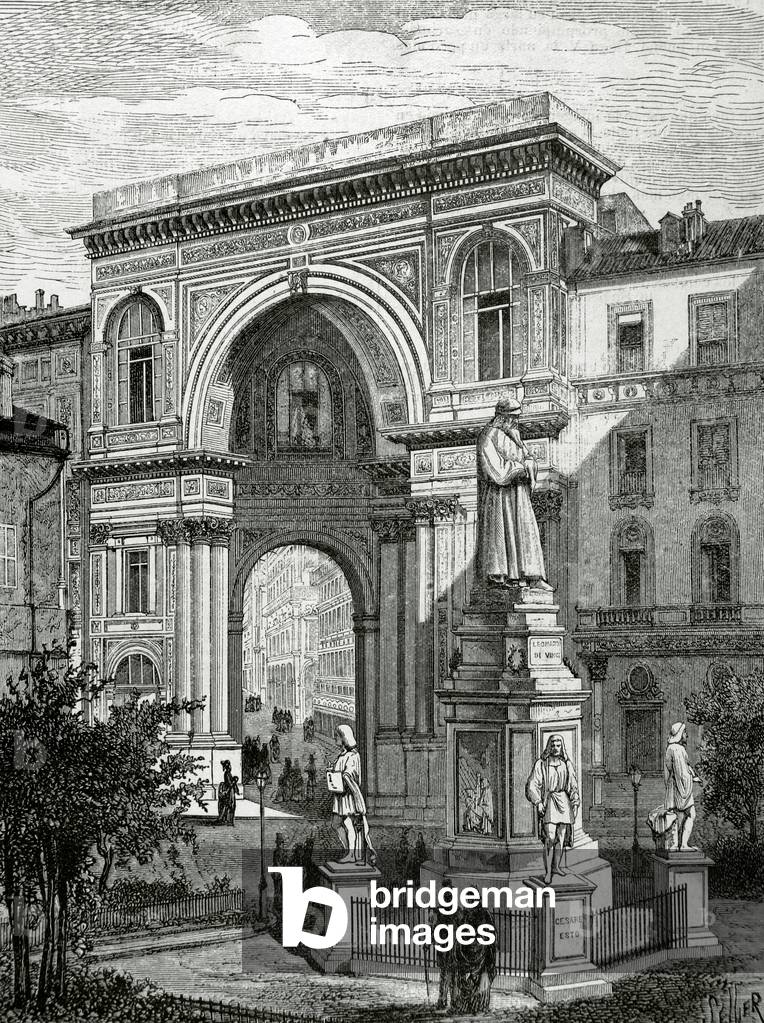 Leonardo da Vinci, engraving by Sweeton Tilly after a monument by the Italian sculptor Pietro Magni (1817-1877) in 