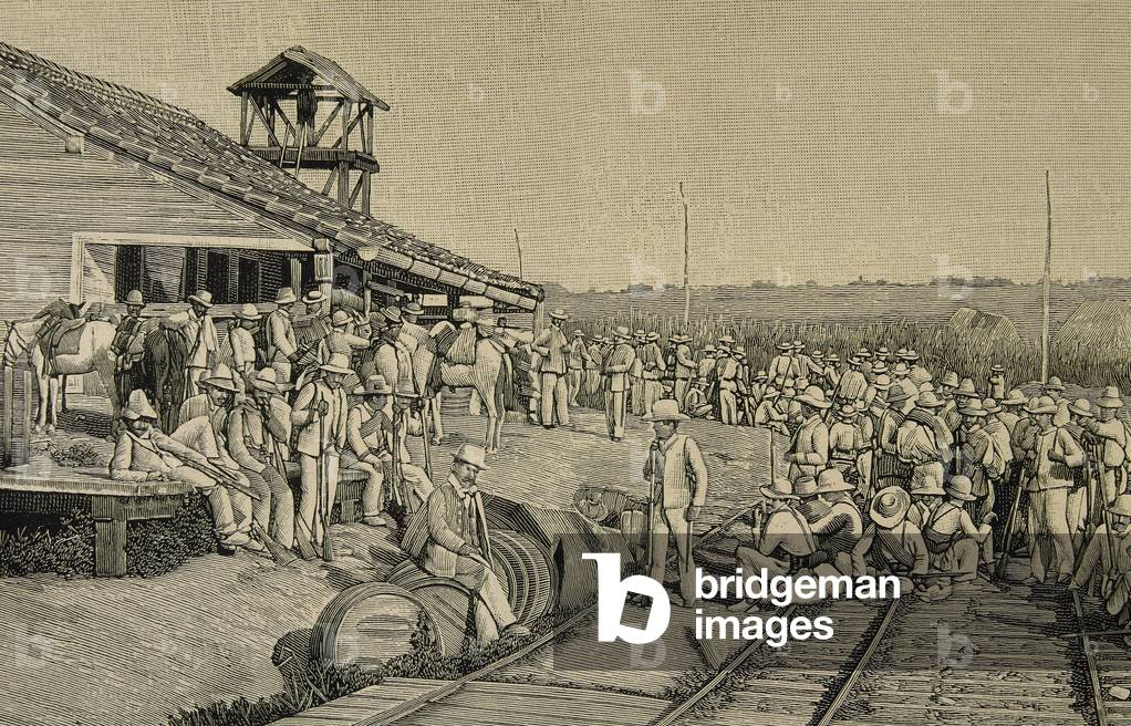 Spanish-American War, 1898, The column of the General Julian Suarez Inclan (1848-1909) resting in Bramales (Pinar del Rio) (engraving).