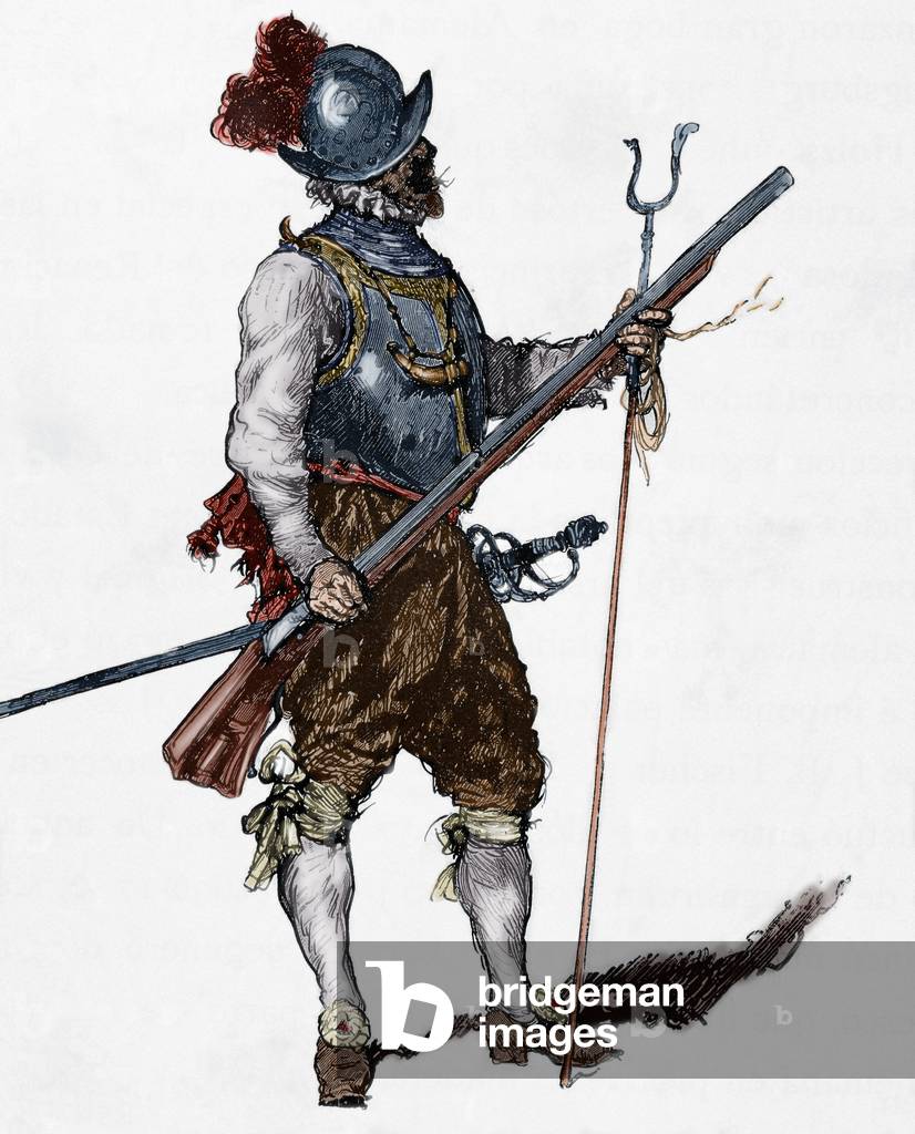 Arquebusier. Soldier armed with an arquebus. Engraving. coloured.