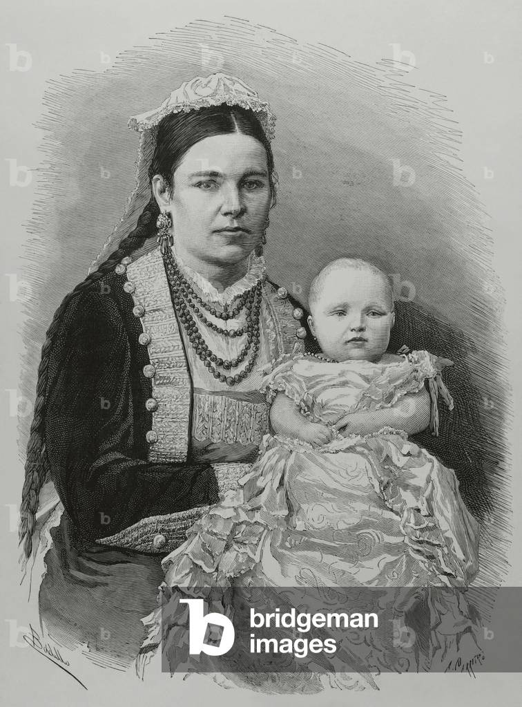 Maria de las Mercedes de Borbon y Habsburgo-Lorena (1880-1904). Infanta of Spain and Princess of Asturias. The Infanta Maria de las Mercedes in the arms of a wet nurse. Illustration by Badillo. Engraving by Carretero, 1881.