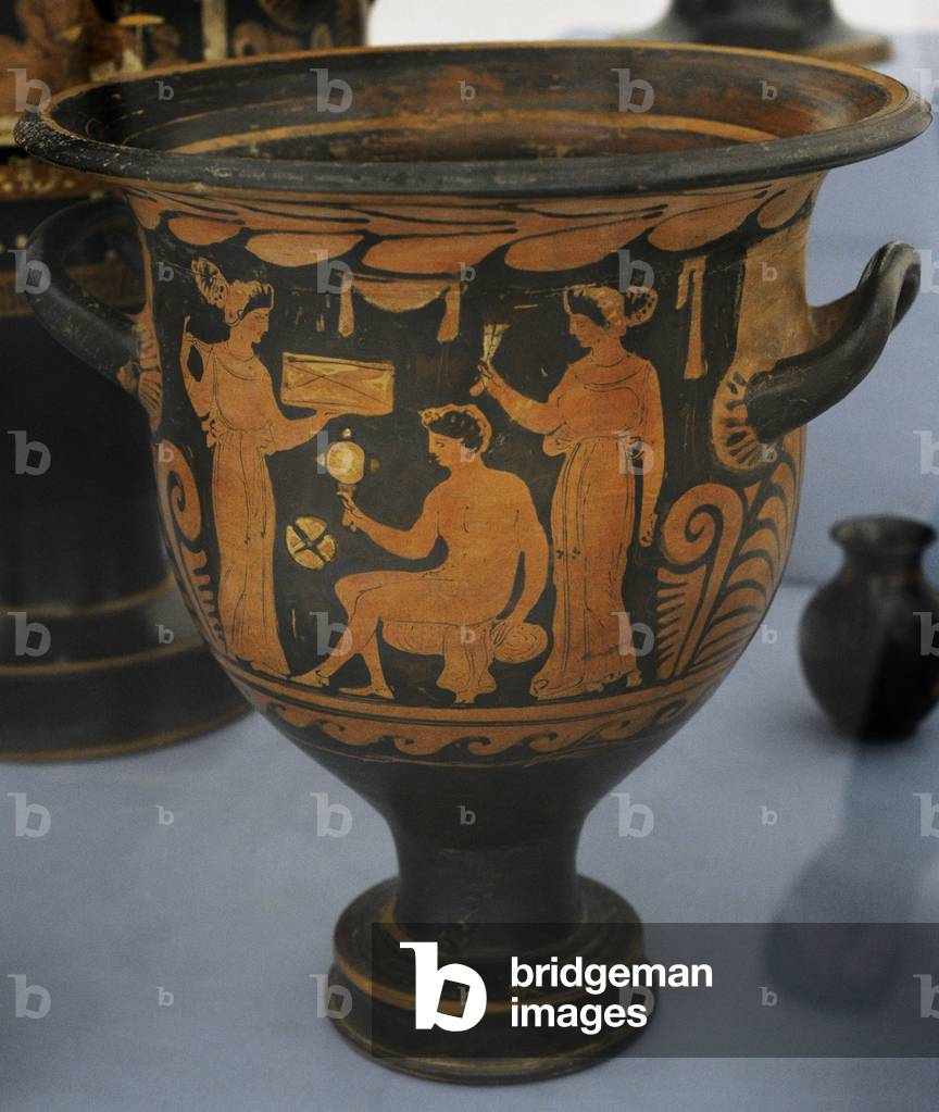 Red-figure bell krater depicting a young man looking himself in a mirror, flanked by two women wearing cloaks, from Cumae, Attributed to the APZ painter, ca,320 BC