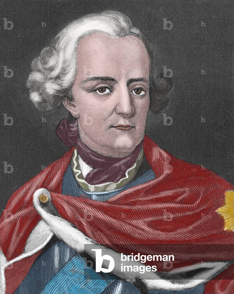 Portrait of Frederick II the Great (1712-1786): King of Prusian and Elector of Brandenburg (coloured engraving)
