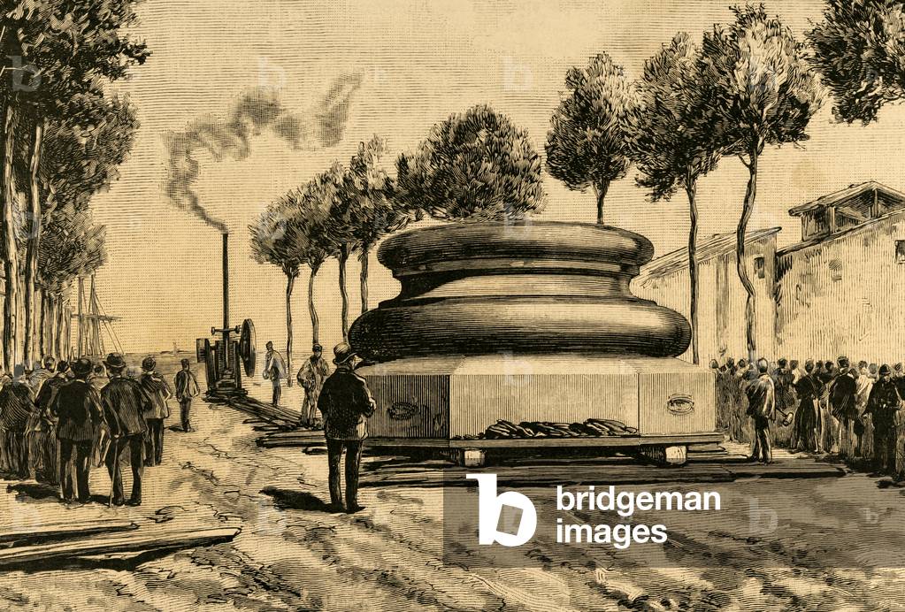 Spain. Barcelona. Movement of the plinth of the column to the monument of Christopher Columbus. Engraving.