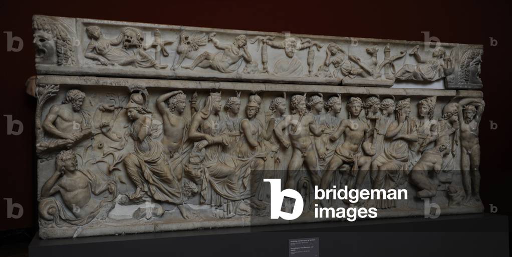Roman Art. Sarcophagus with Marsyas and Apollo. Marble. From Sidon, Lebanon. C. 200-210 A.C. Carlsberg Glyptotek Museum. Copenhagen. Denmark.