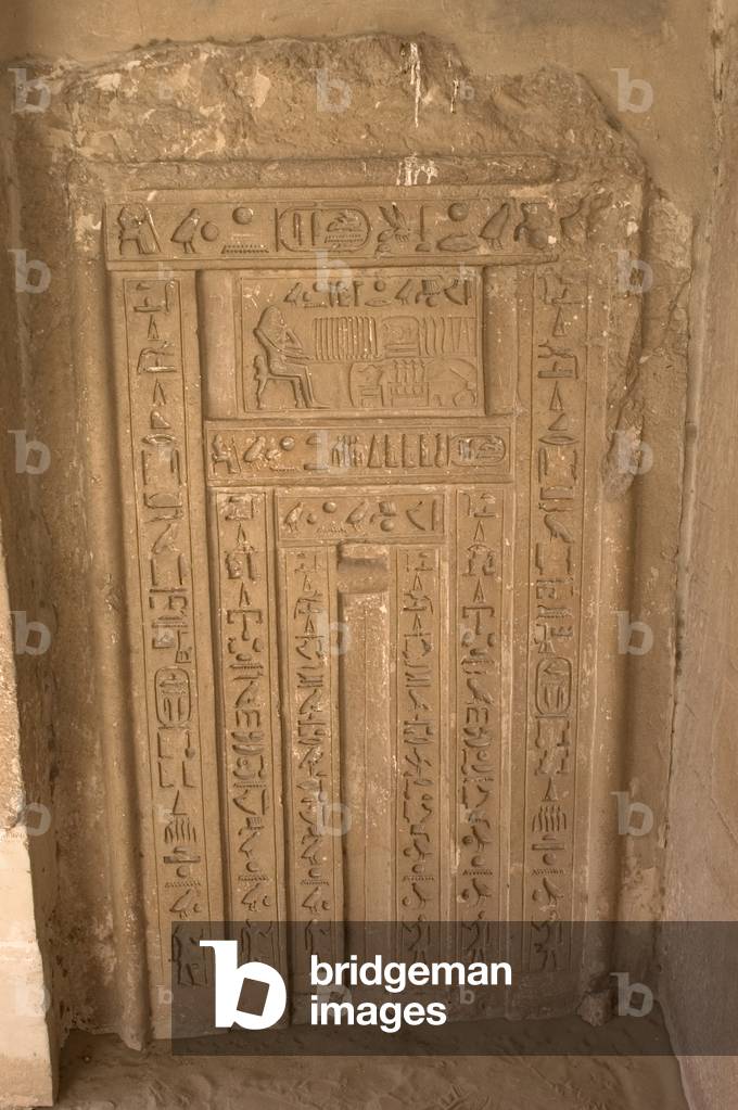 Egypt, Necropolis of Saqqara, Hieroglyphic writing and deceased ofering food to the gods.
