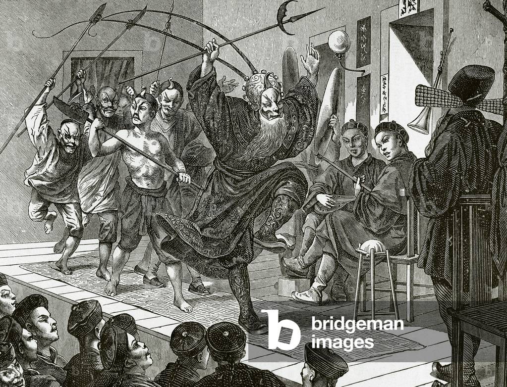 Chinese theater performance, Royal Theater of California, United States (engraving)