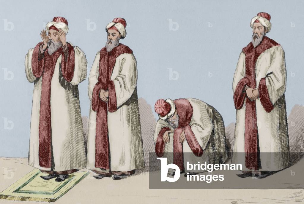 Attitudes of a Muslim during the prayer called Namaz. Engraving. Later colouration.