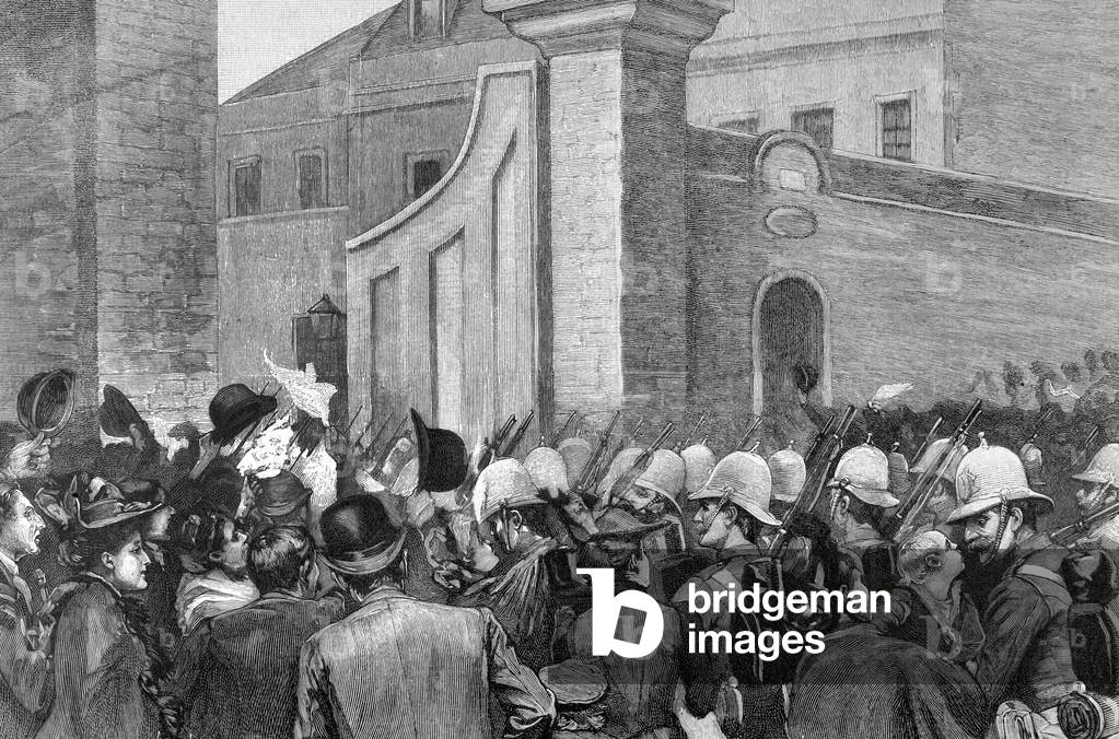 Great War, 1892, Mobilization of the English army, Troops coming out the Portsmouth dyke gate (engraving)